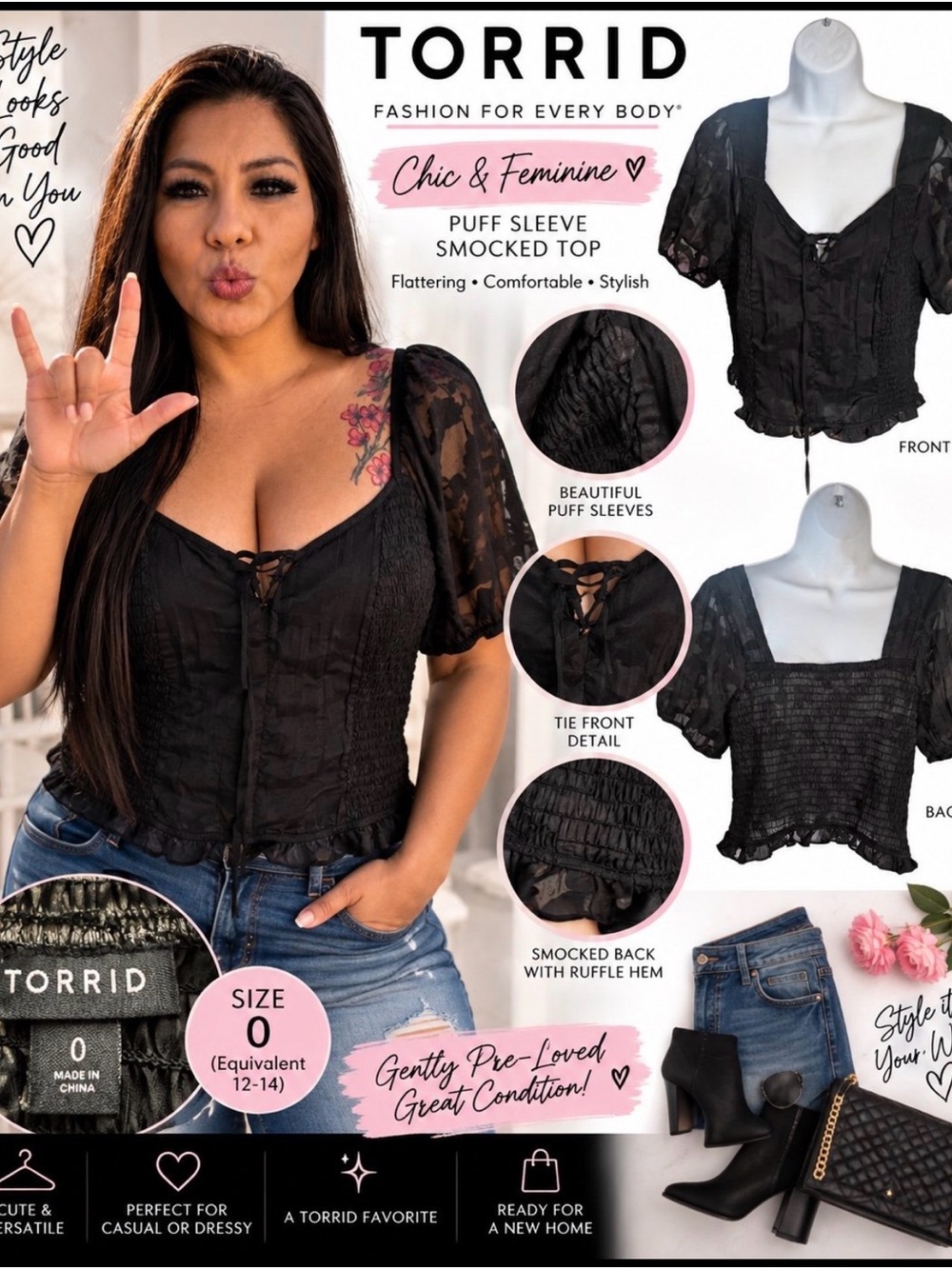 torrid Black Puff Sleeve Smocked Tie-Front Blouse